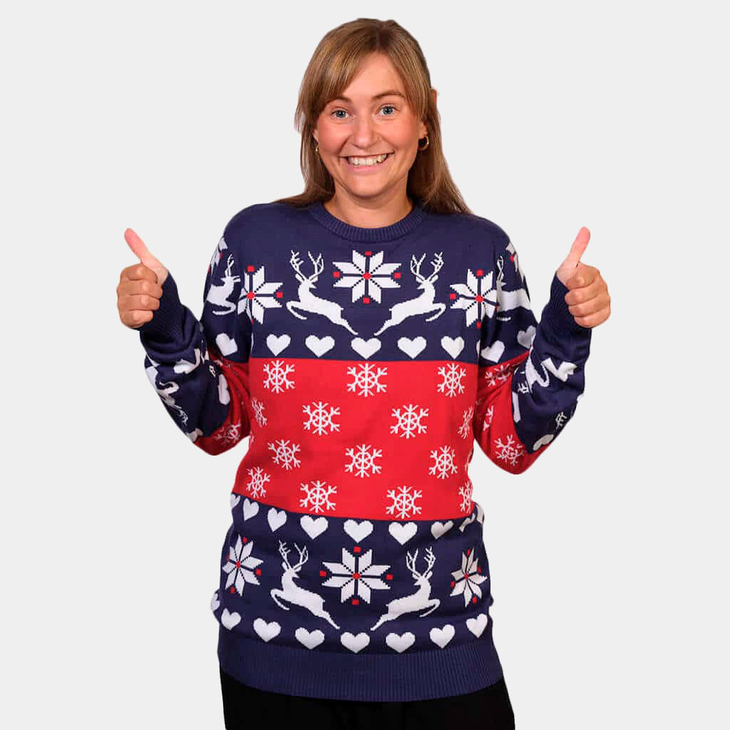 Womens Red and Blue Cotton Ugly Christmas Sweater with Reindeer and Hearts