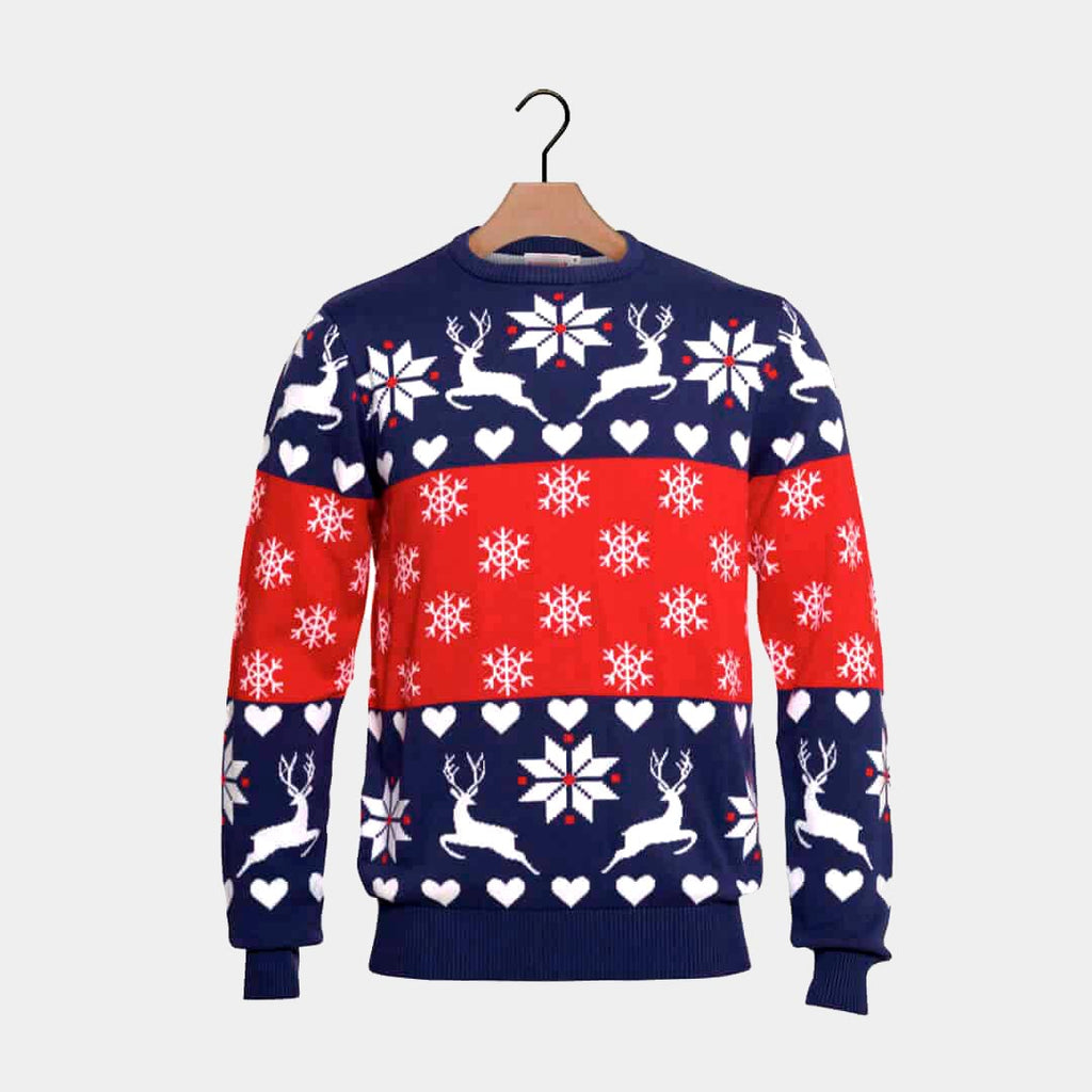 Womens Red and Blue Cotton Ugly Christmas Sweater with Reindeer and Hearts