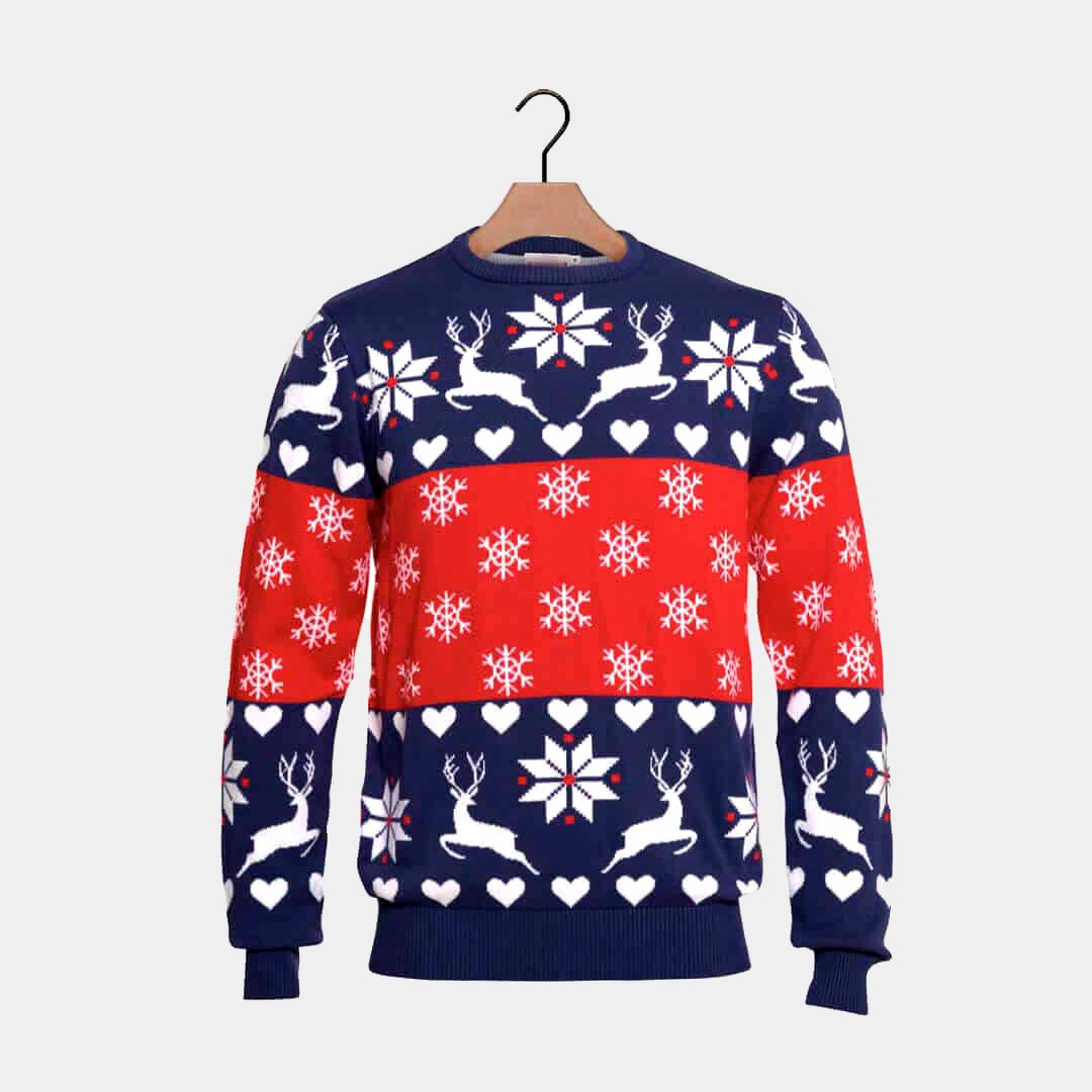 Womens Red and Blue Cotton Ugly Christmas Sweater with Reindeer and Hearts
