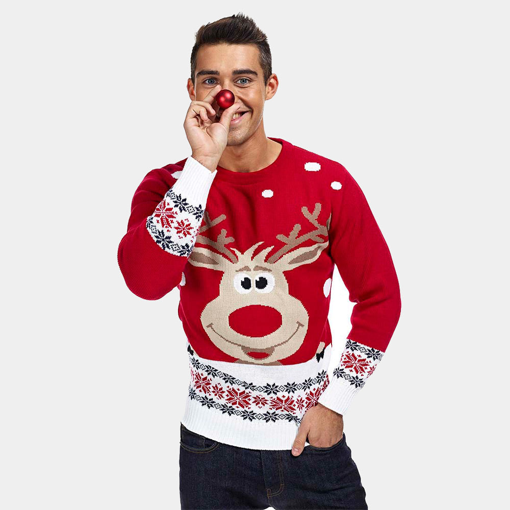Womens Red Ugly Christmas Sweater with Reindeer and Snow