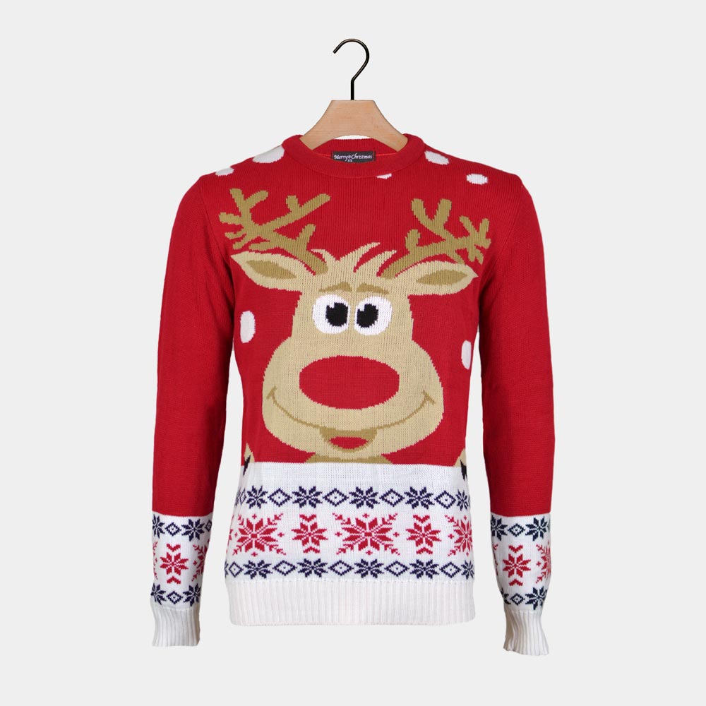 Womens Red Ugly Christmas Sweater with Reindeer and Snow