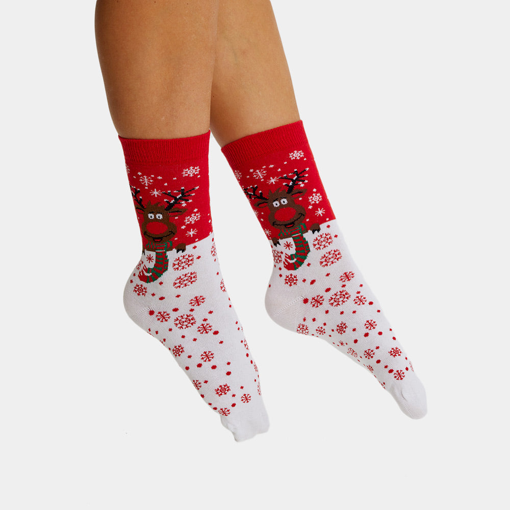 Red Unisex Ugly Christmas Socks Reindeer with Scarf