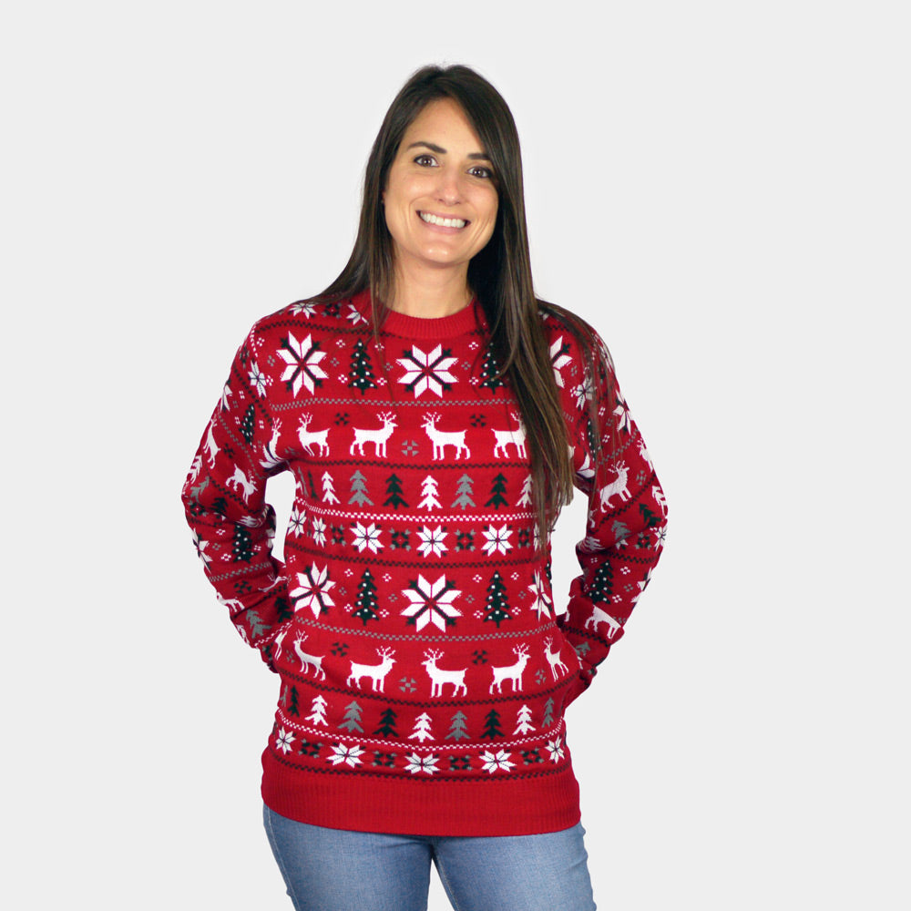 Womens Red Ugly Christmas Sweater with Reindeer, Trees and Polar Star