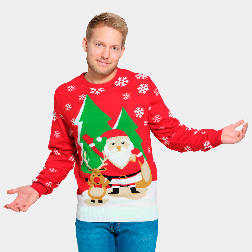 Womens Red Ugly Christmas Sweater with Santa and Reindeer Greeting