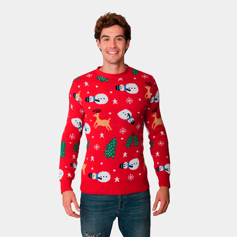 Womens Red Ugly Christmas Sweater with Rudolph, Trees and Snowmen