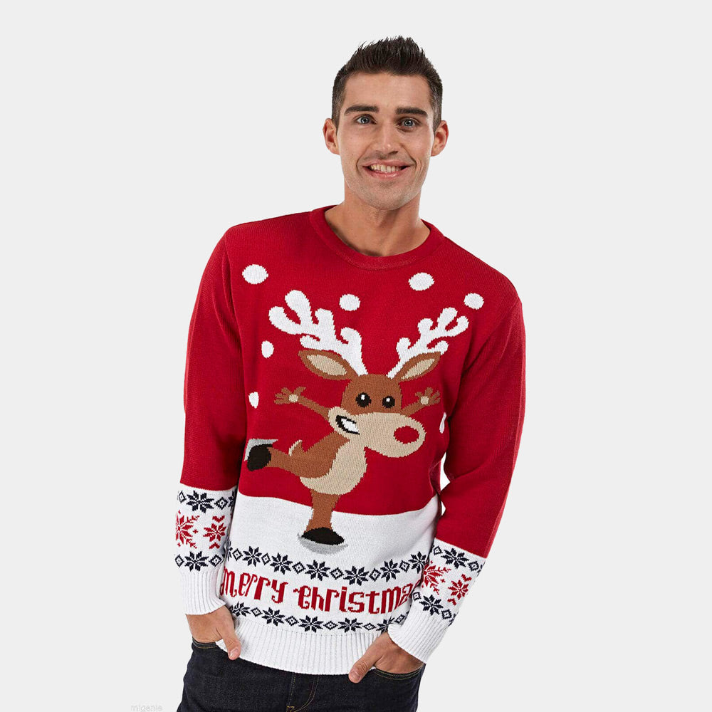 Womens Red Ugly Christmas Sweater with Skating Reindeer