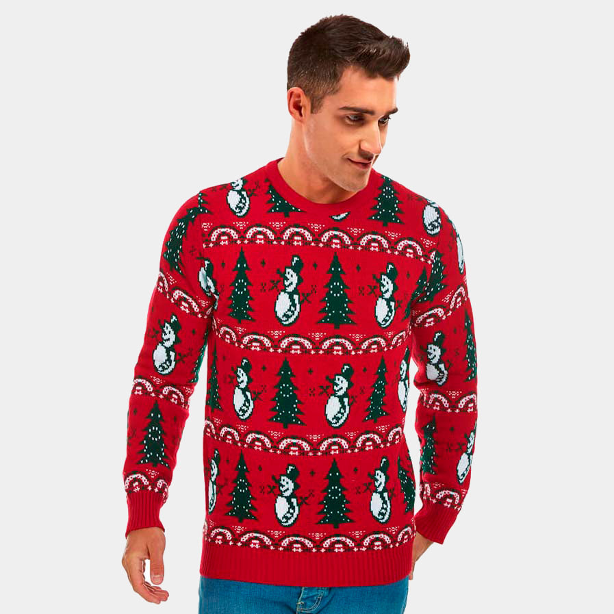Womens Red Ugly Christmas Sweater with Trees and Snowmen
