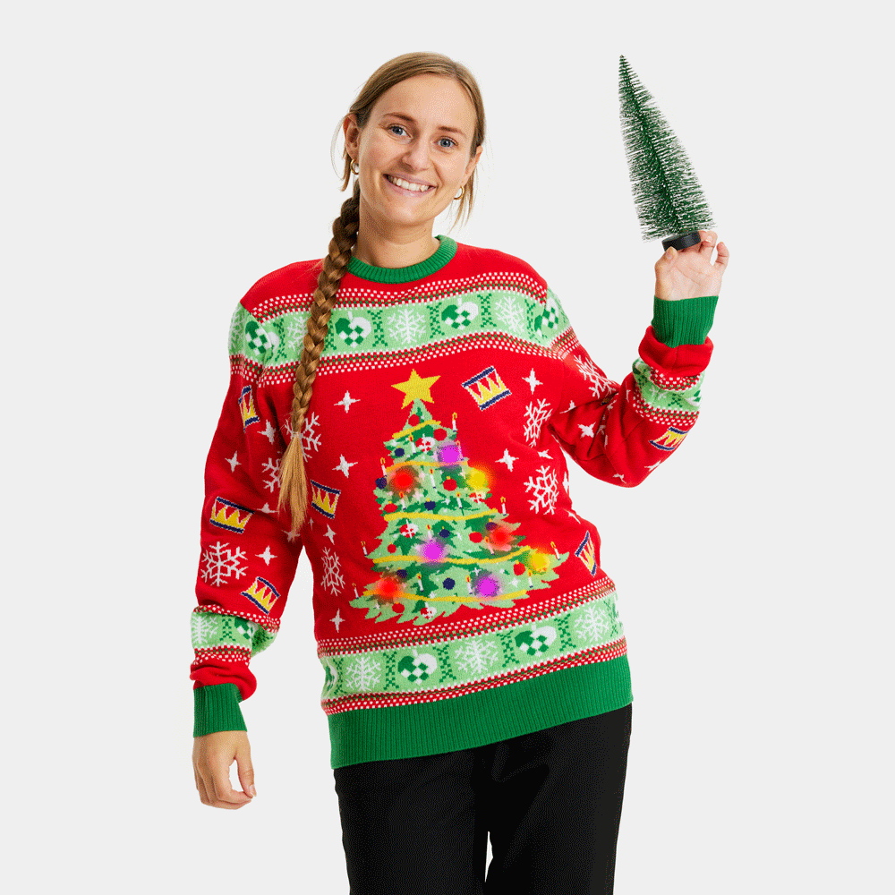 Womens Red LED light-up Ugly Christmas Sweater with Christmas Tree