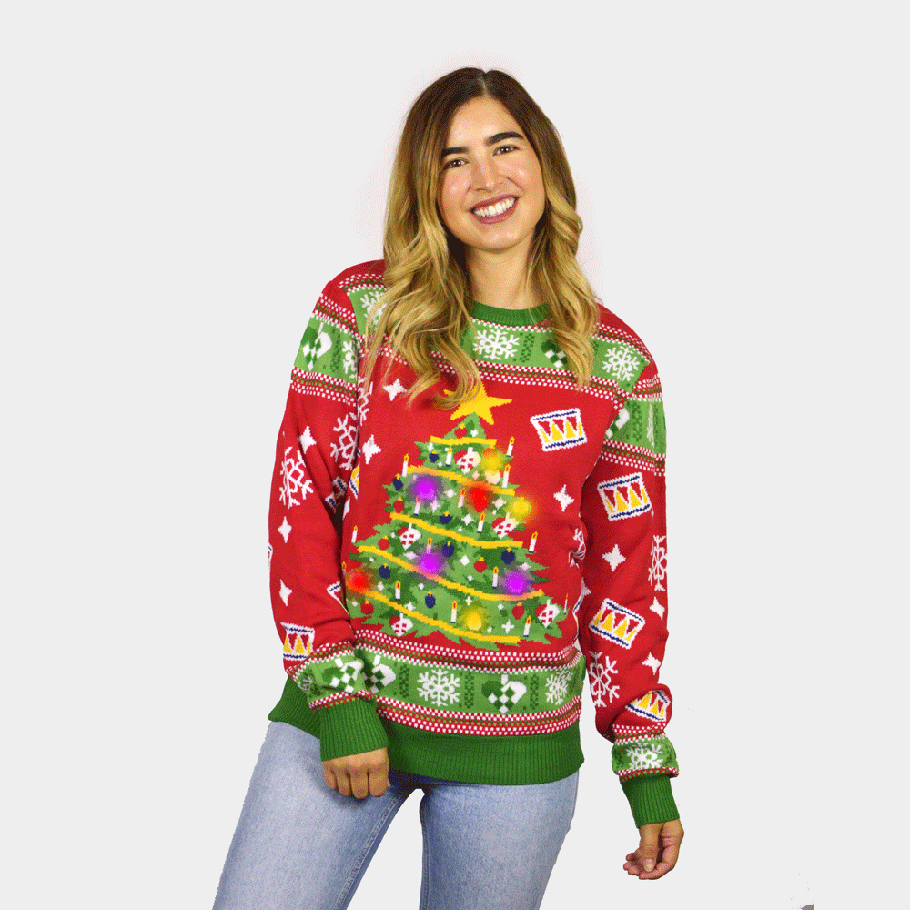 Womens Red LED light-up Ugly Christmas Sweater with Christmas Tree