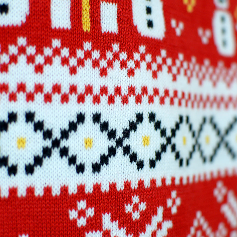 Womens Red Organic Cotton Ugly Christmas Sweater with Snowmen and Trees