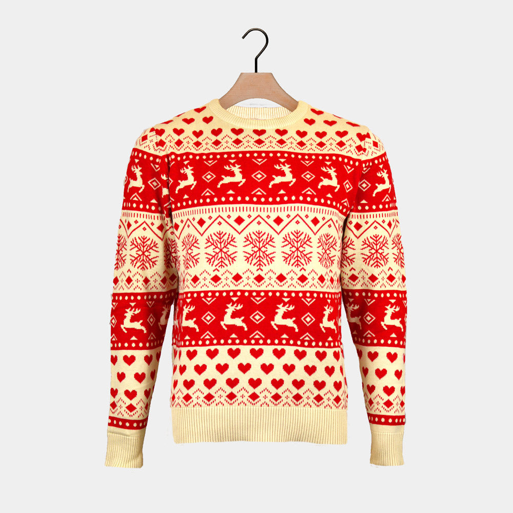 Womens Red & Beige Organic Cotton Ugly Christmas Sweater with Hearts