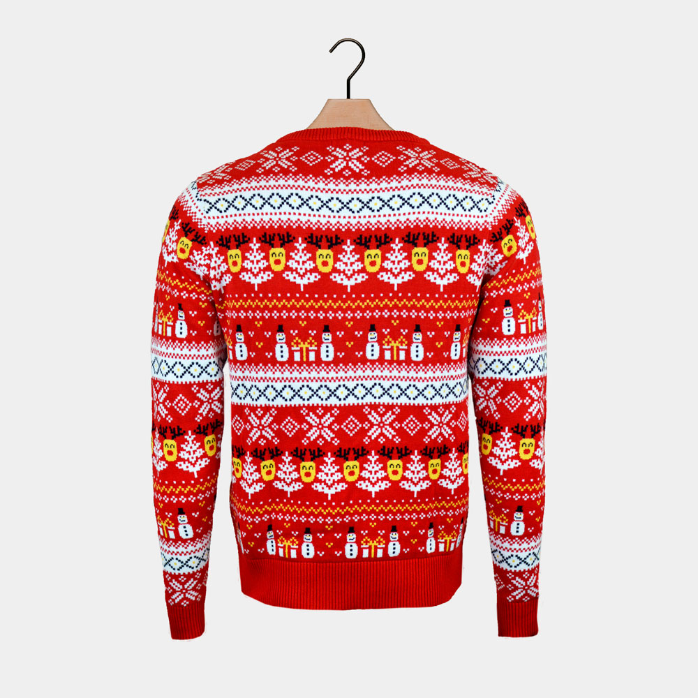 Womens Red Organic Cotton Ugly Christmas Sweater with Snowmen and Trees