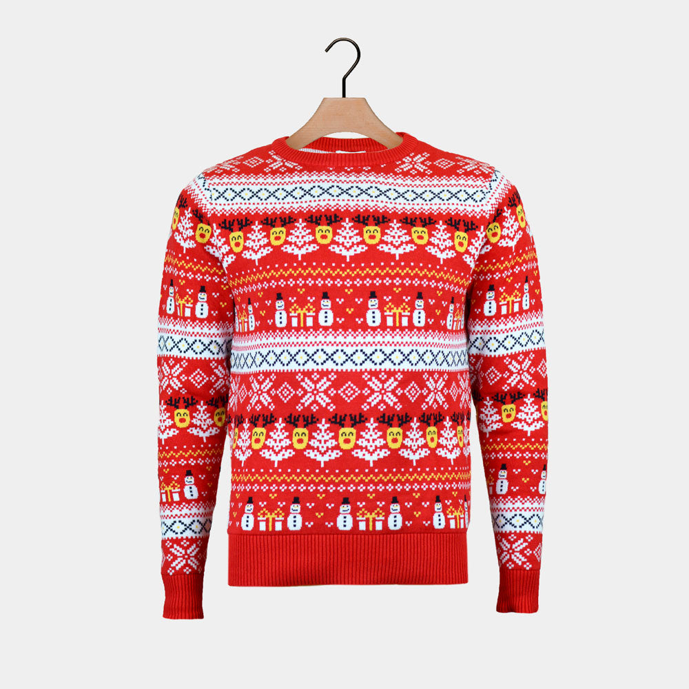 Womens Red Organic Cotton Ugly Christmas Sweater with Snowmen and Trees
