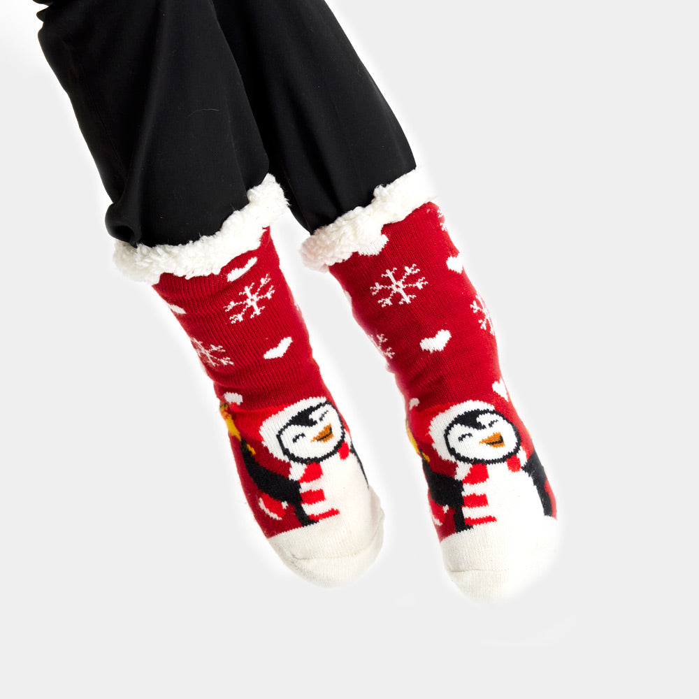 Red Fuzzy Christmas Socks with Penguin