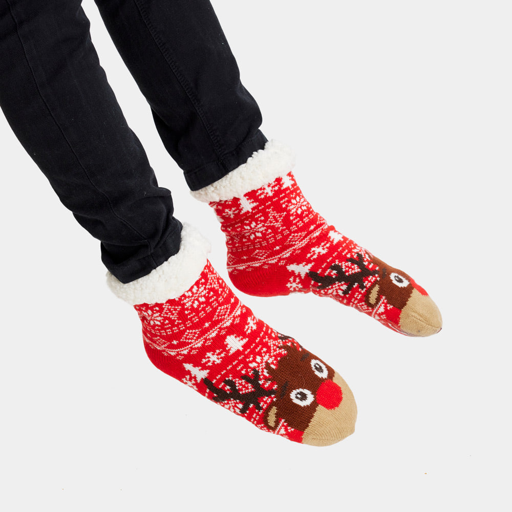 Red Fuzzy Christmas Socks with Trees and Reindeer