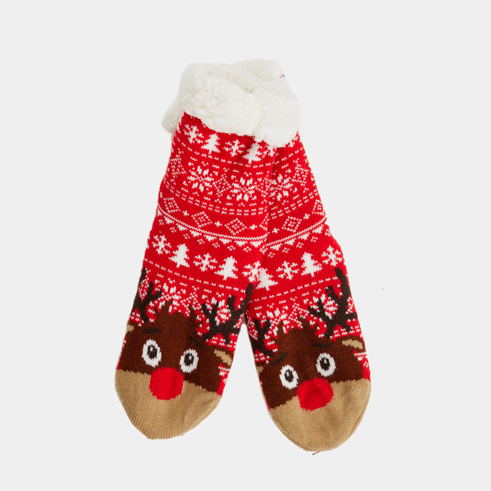 Red Fuzzy Christmas Socks with Trees and Reindeer