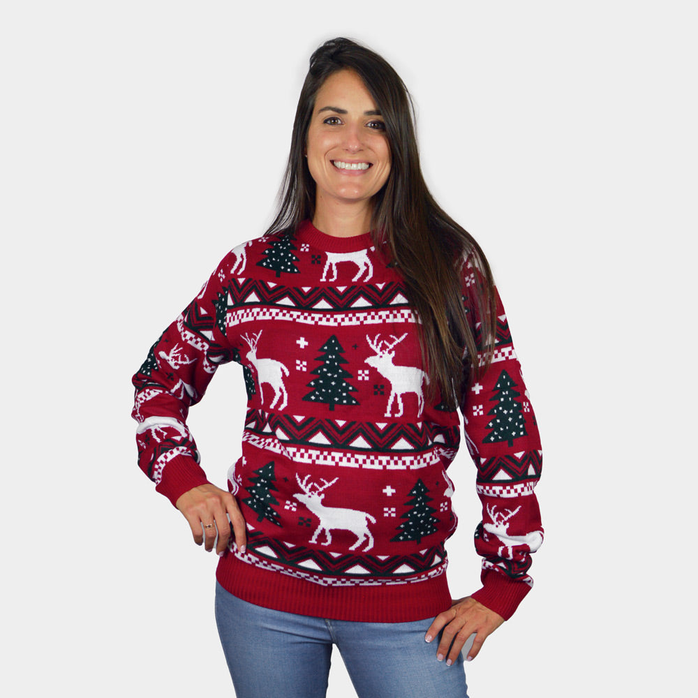 Womens Red Ugly Christmas Sweater with Reindeer and Christmas Trees
