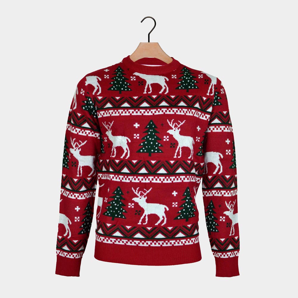 Womens Red Ugly Christmas Sweater with Reindeer and Christmas Trees