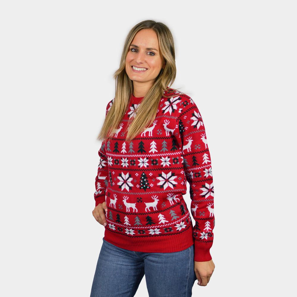 Womens Red Ugly Christmas Sweater with Reindeer, Trees and Polar Star