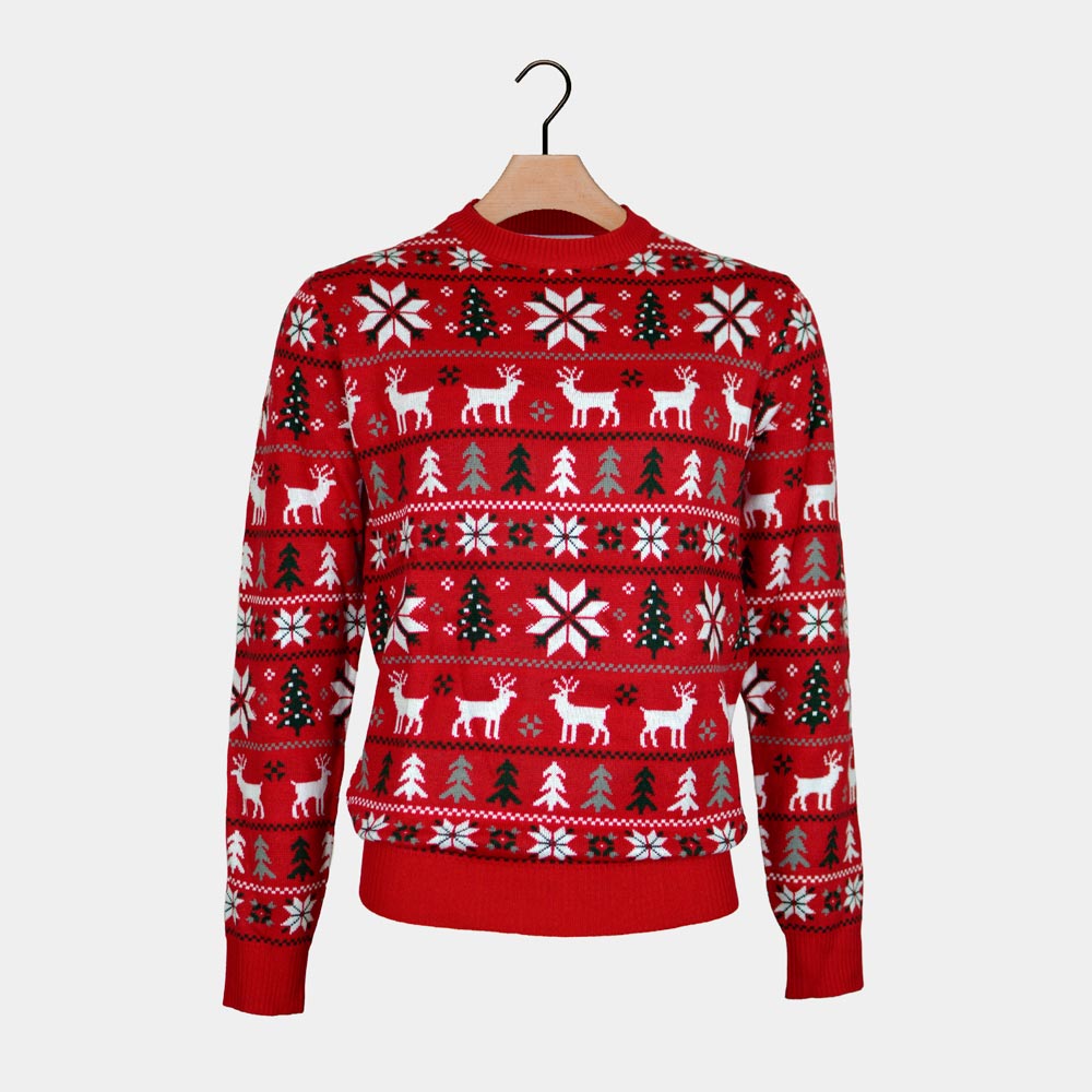 Womens Red Ugly Christmas Sweater with Reindeer, Trees and Polar Star
