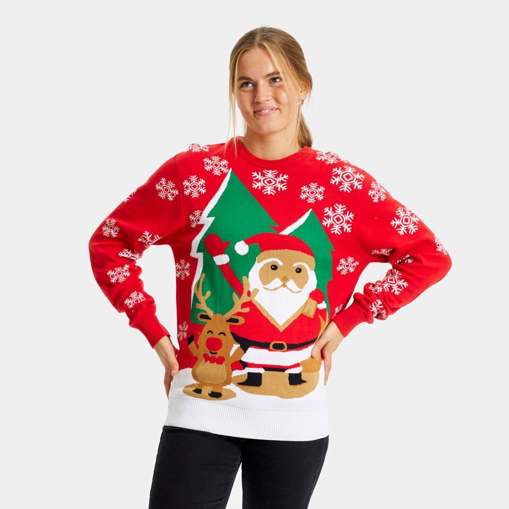 Womens Red Ugly Christmas Sweater with Santa and Reindeer Greeting