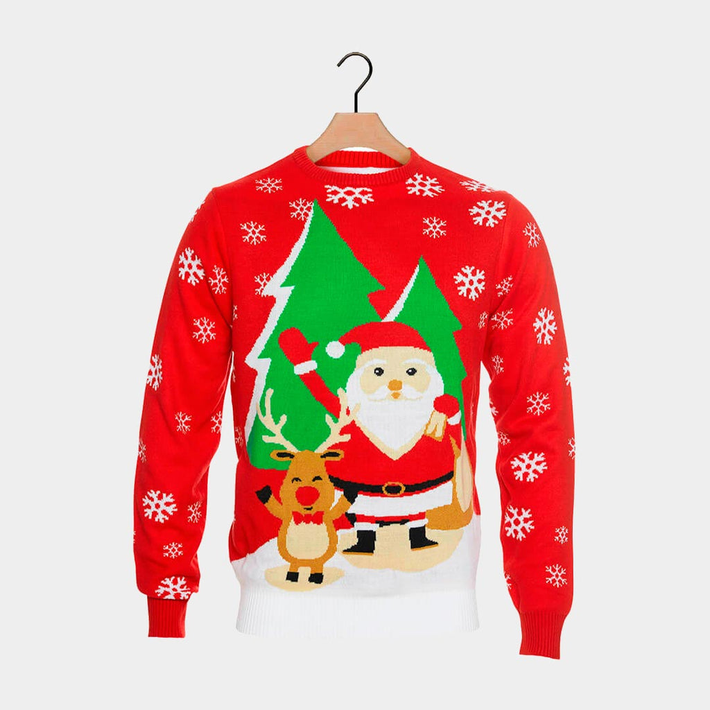 Womens Red Ugly Christmas Sweater with Santa and Reindeer Greeting