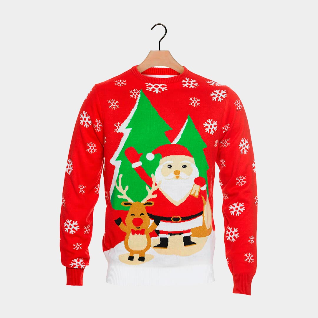 Womens Red Ugly Christmas Sweater with Santa and Reindeer Greeting