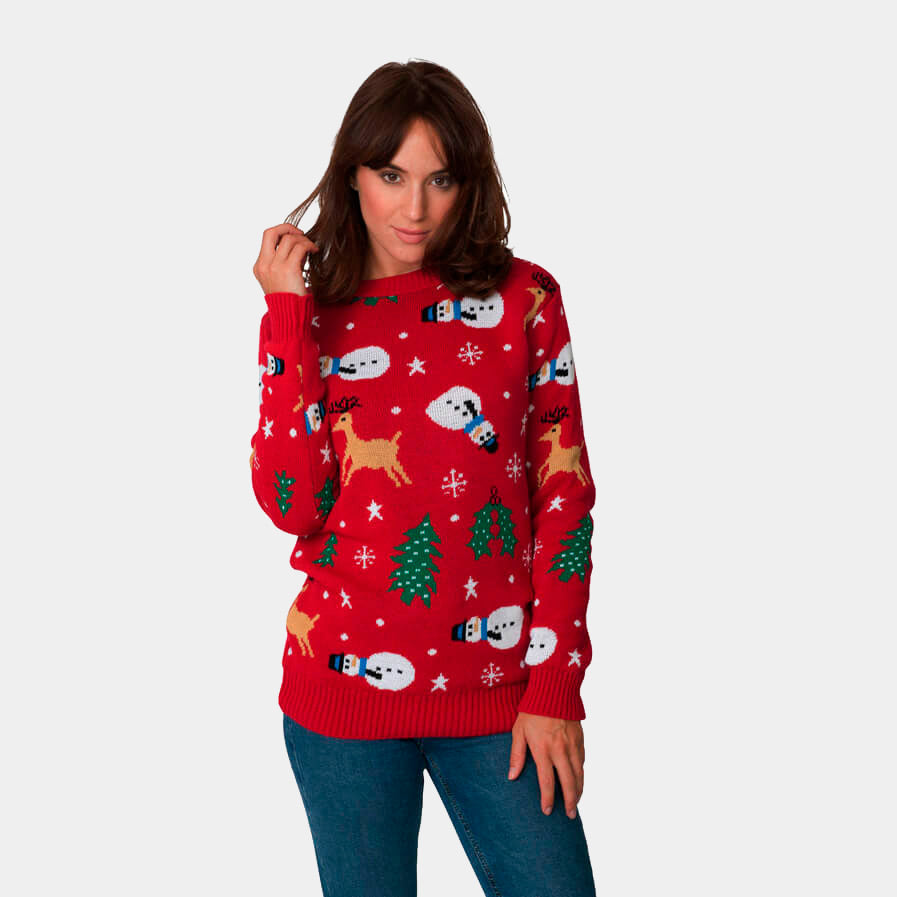 Womens Red Ugly Christmas Sweater with Rudolph, Trees and Snowmen