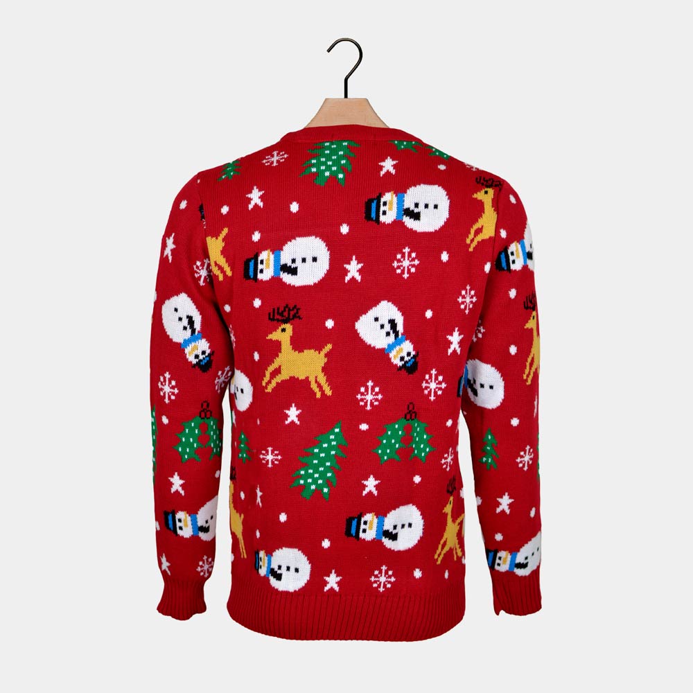 Womens Red Ugly Christmas Sweater with Rudolph, Trees and Snowmen