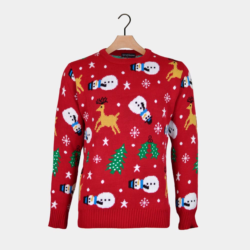 Womens Red Ugly Christmas Sweater with Rudolph, Trees and Snowmen
