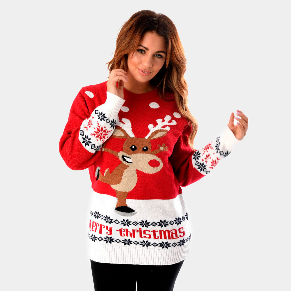 Womens Red Ugly Christmas Sweater with Skating Reindeer