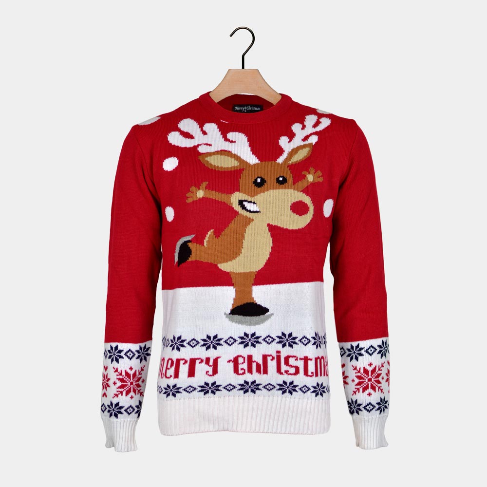 Womens Red Ugly Christmas Sweater with Skating Reindeer