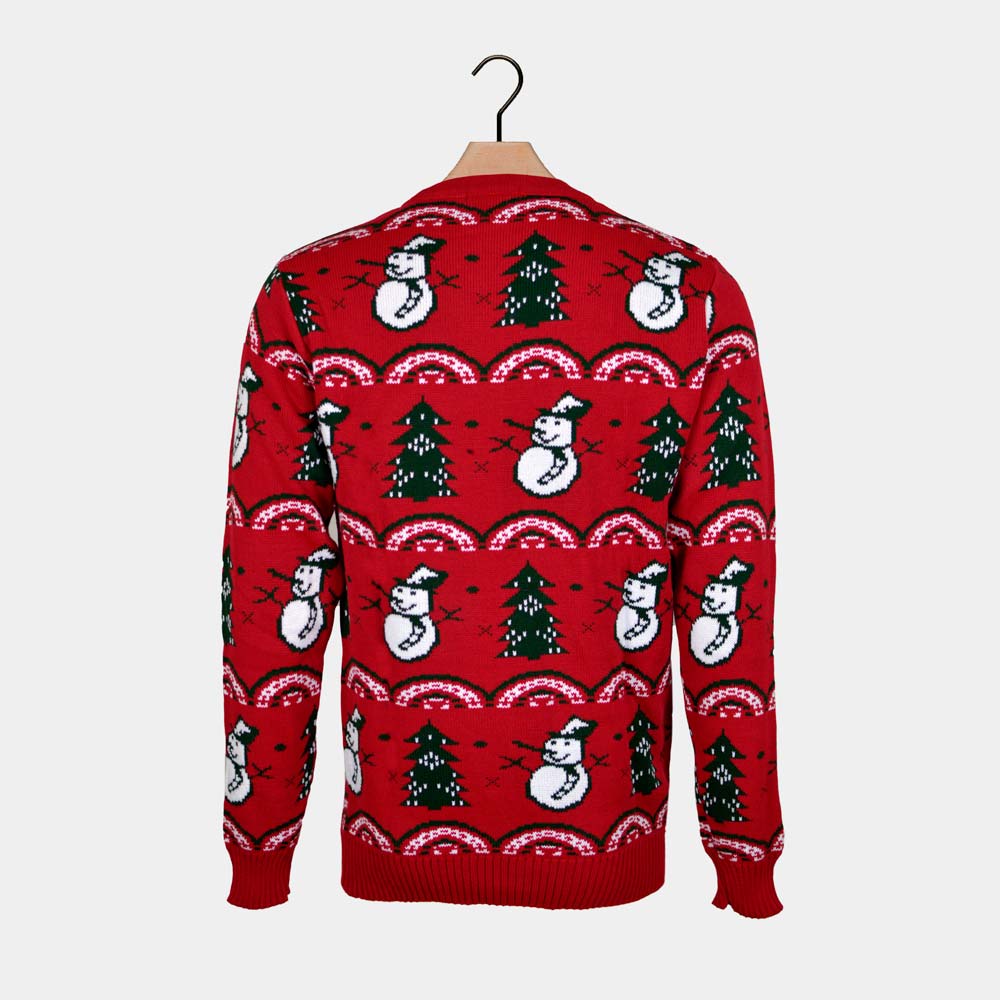 Womens Red Ugly Christmas Sweater with Trees and Snowmen