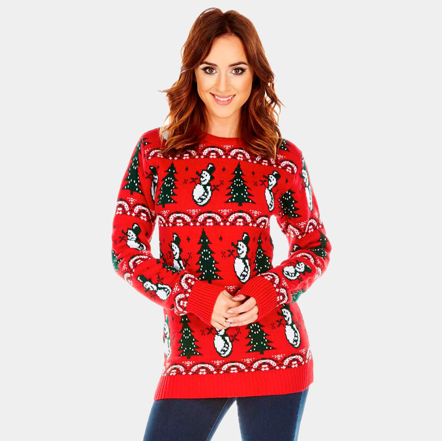 Womens Red Ugly Christmas Sweater with Trees and Snowmen