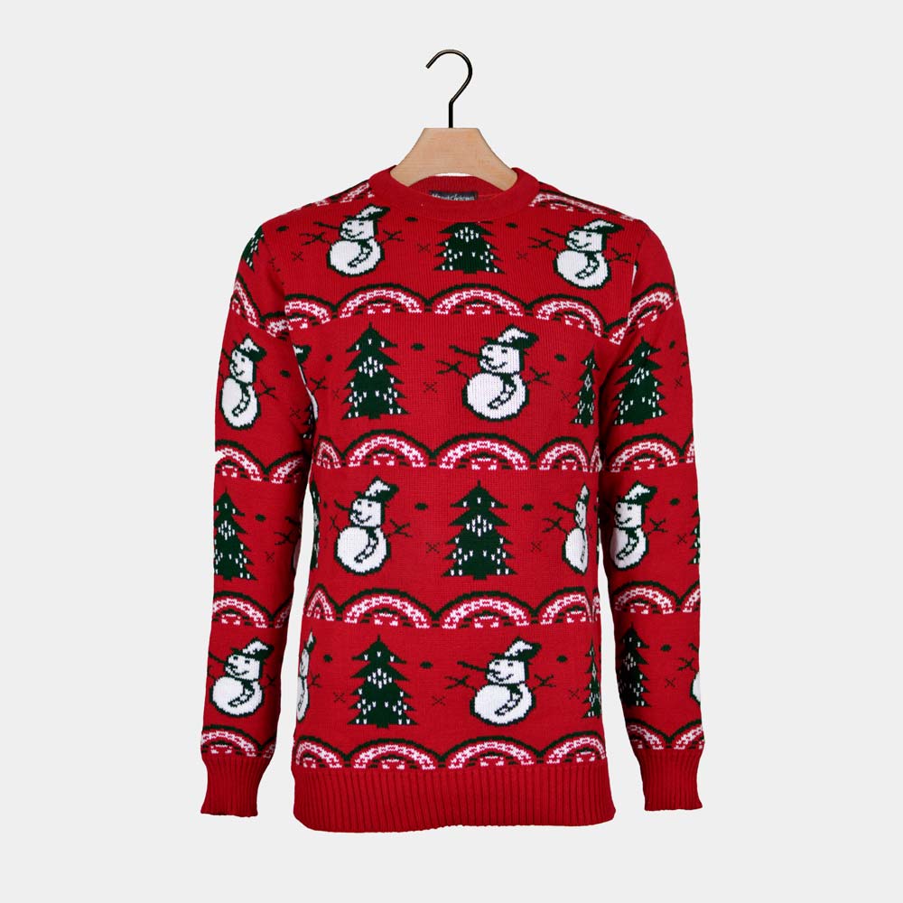 Womens Red Ugly Christmas Sweater with Trees and Snowmen