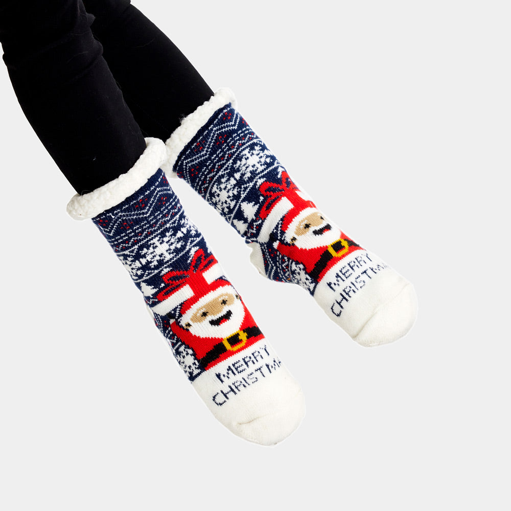 Fuzzy Christmas Socks Santa with a Gift