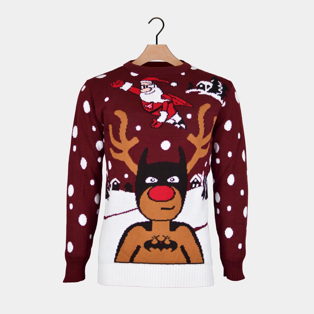 Womens Ugly Christmas Sweater with Batman Rudolph and Superman Santa
