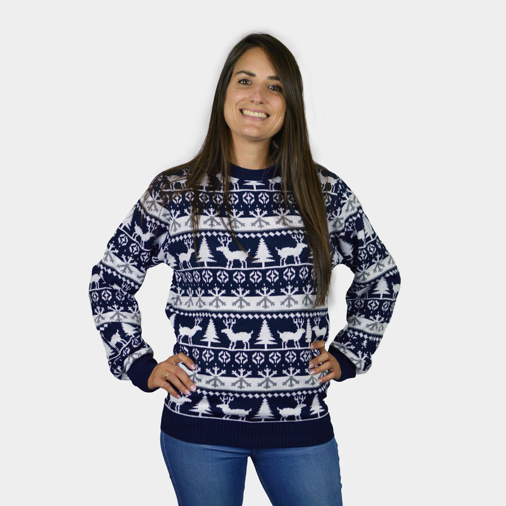 Womens Ugly Christmas Sweater with Reindeer and Trees Strips