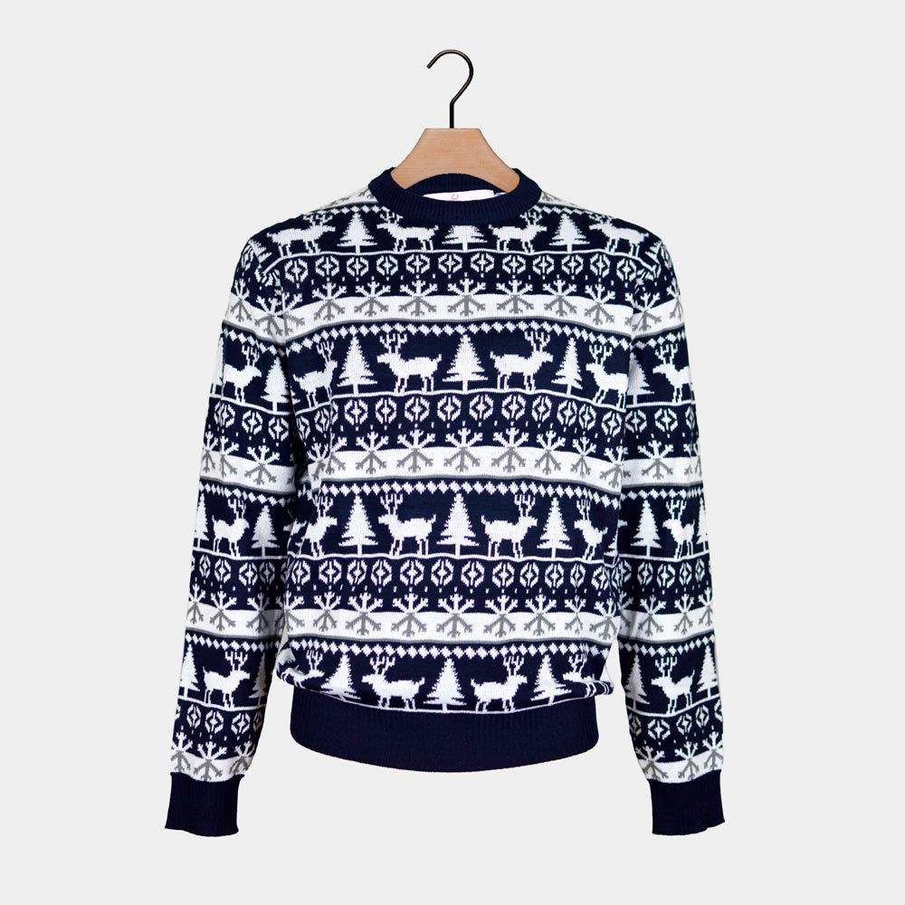 Womens Ugly Christmas Sweater with Reindeer and Trees Strips