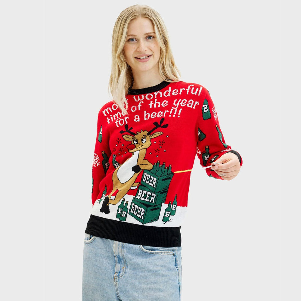 Womens Ugly Christmas Sweater with Reindeer + Beer Opener