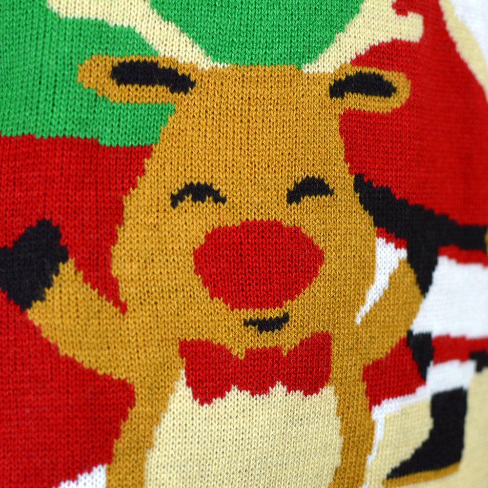 Womens Red Ugly Christmas Sweater with Santa and Reindeer Greeting