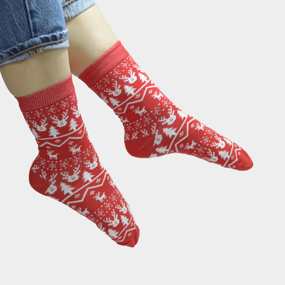 Red Unisex Ugly Christmas Socks with Reindeers