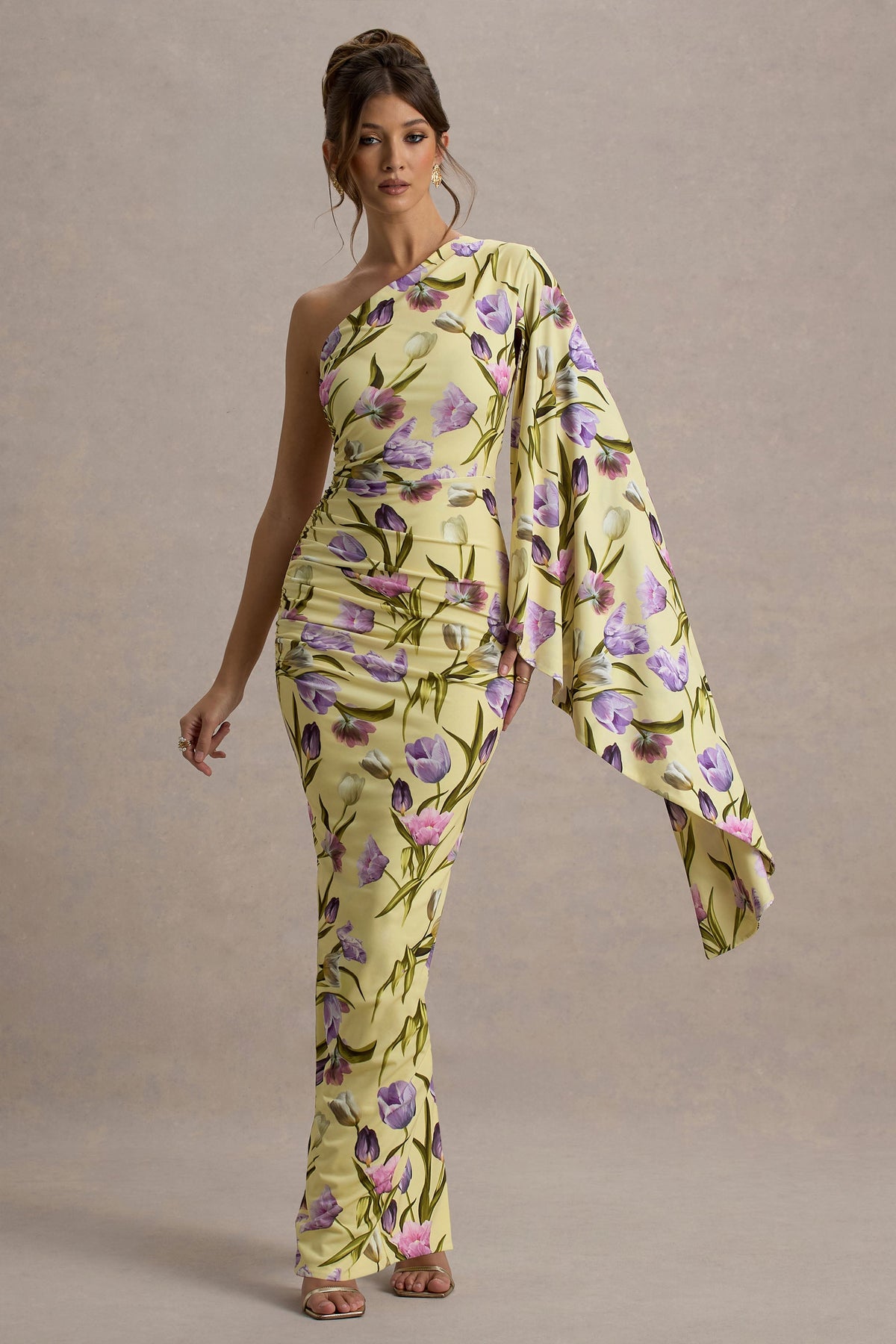 Clementina | Tulip Floral Print Asymmetric Cape Sleeve Maxi Dress