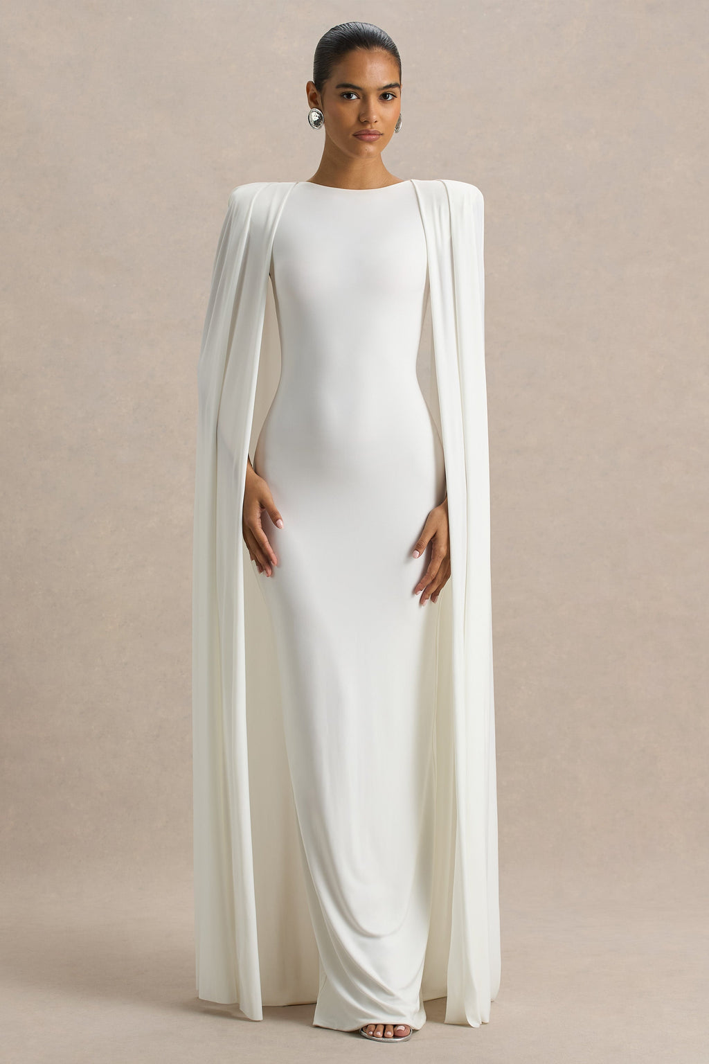 Mimi | White Jersey Round Neck Long Sleeve Maxi Dress With Cape