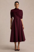 Thalia | Burgundy High-Neck Midi Dress With Sheer Mesh Cape
