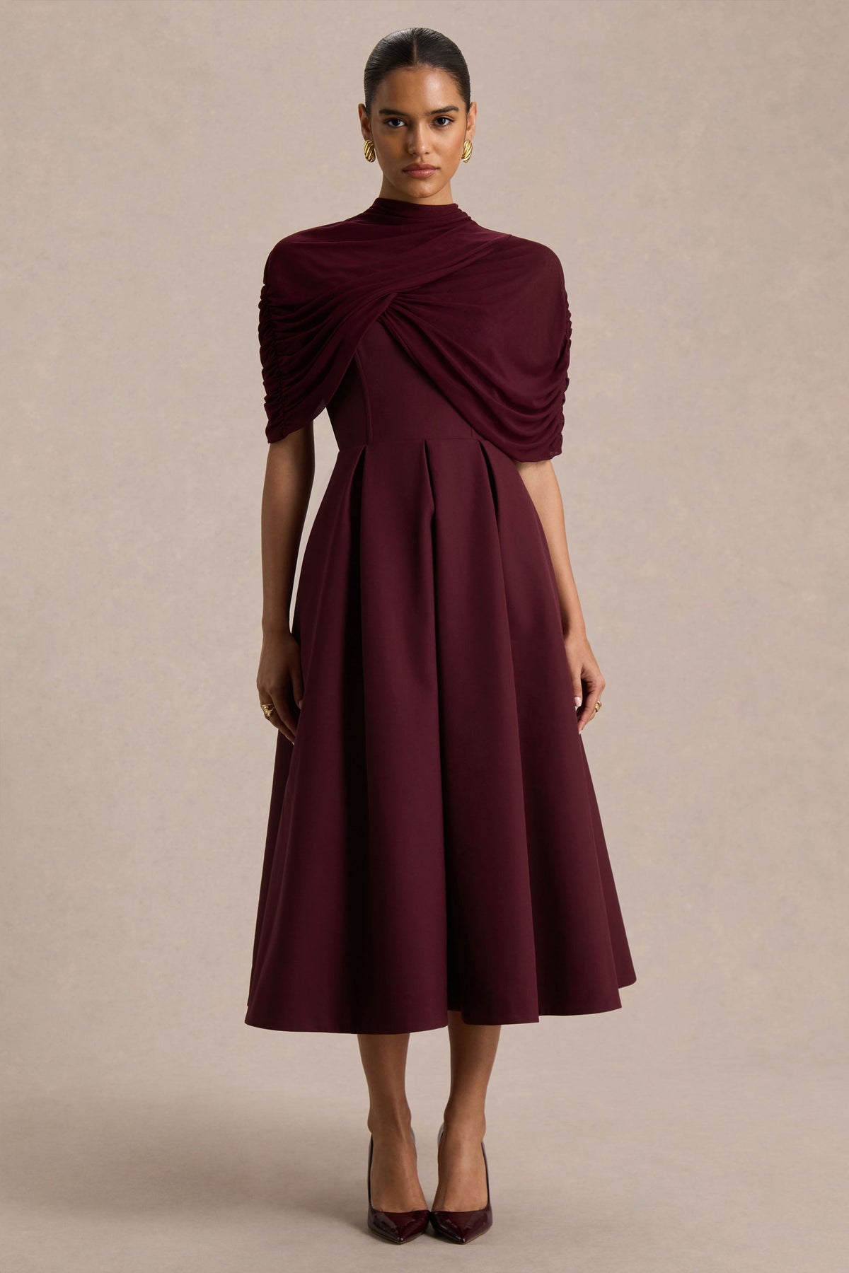Thalia | Burgundy High-Neck Midi Dress With Sheer Mesh Cape