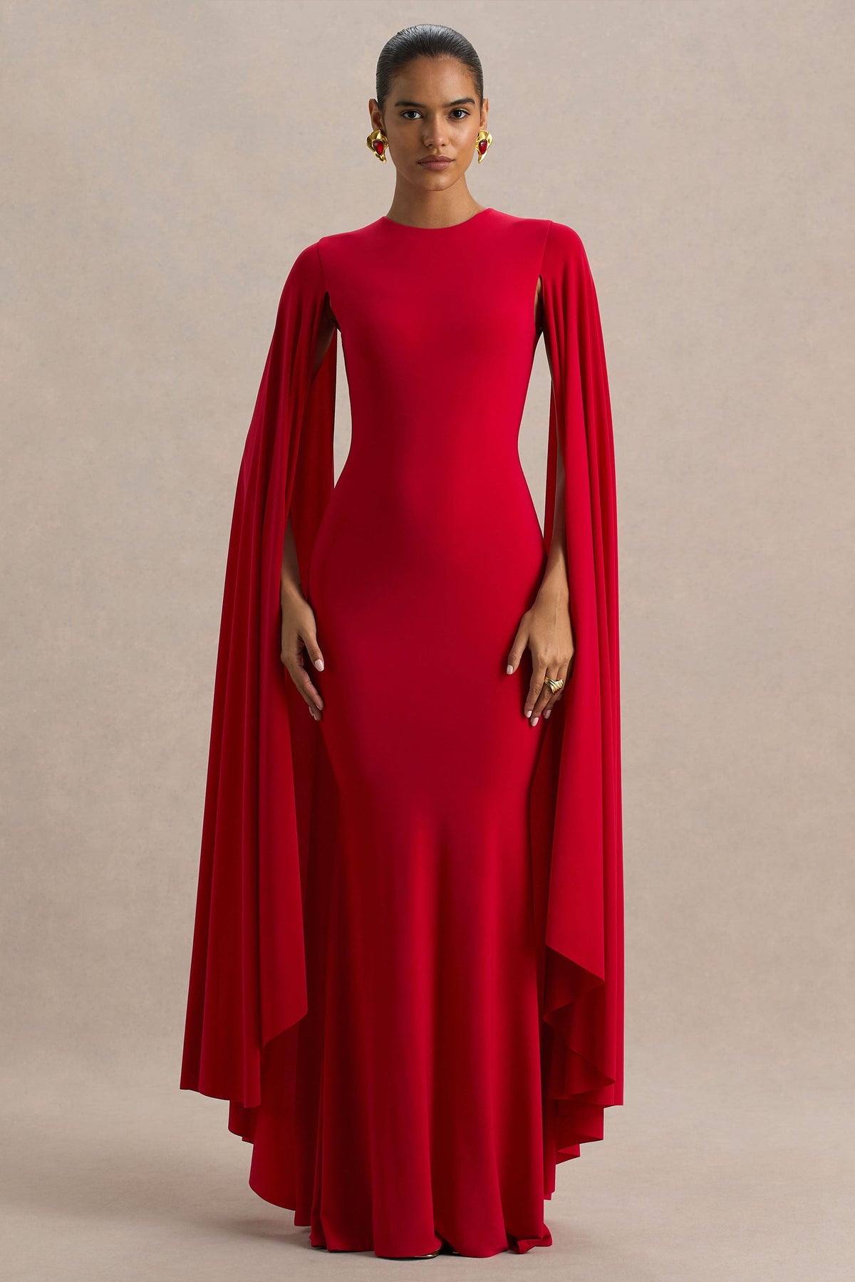 Briony | Red Crew-Neck Maxi Dress With Cape Sleeves