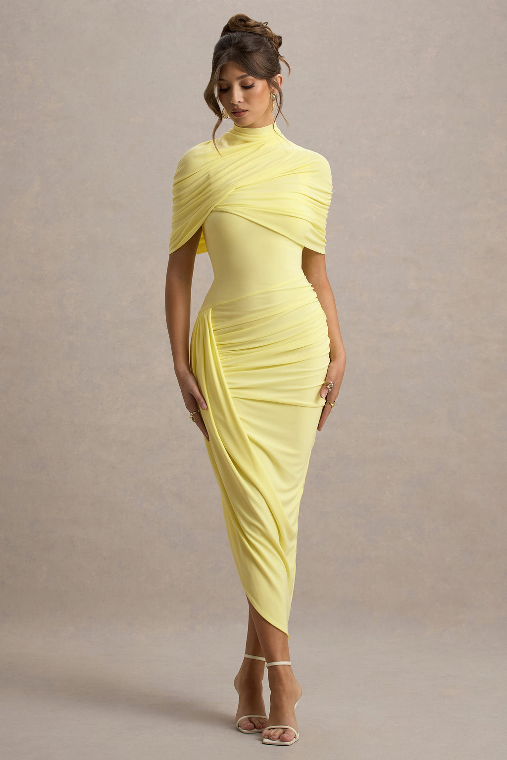 Enchant | Lemon Asymmetric Twisted Cape Midi Dress