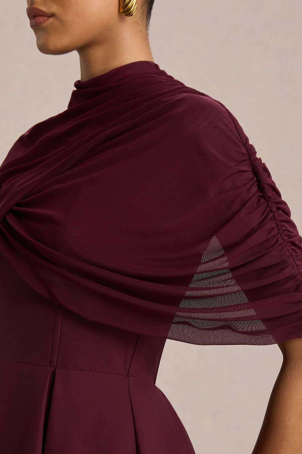 Thalia | Burgundy High-Neck Midi Dress With Sheer Mesh Cape