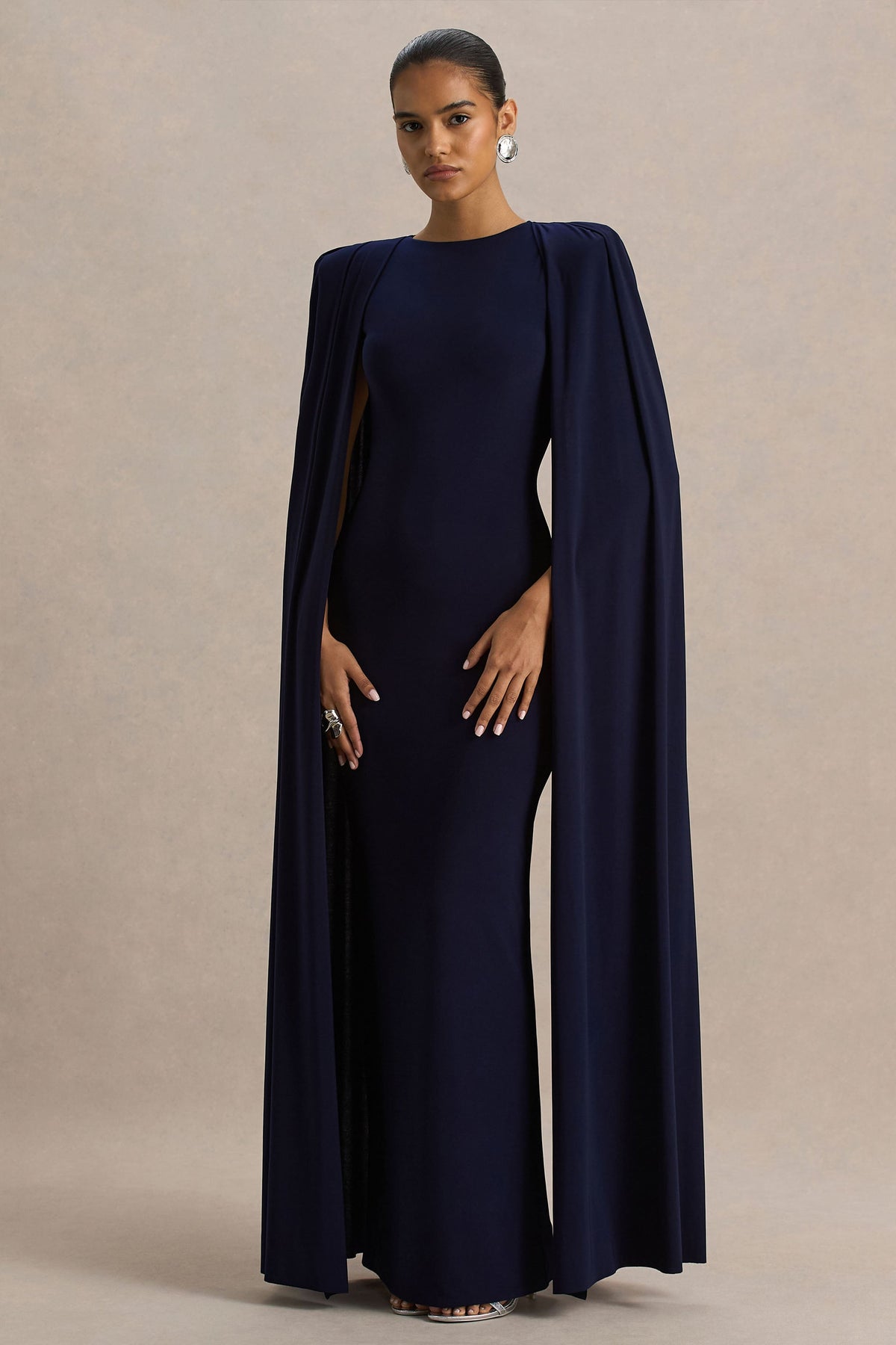 Mimi | Navy Jersey Round Neck Long Sleeve Maxi Dress With Cape